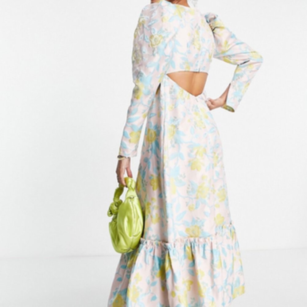 Asos NEW Floral Jacquard Puff sleeve Plunge neck Pleated High waist Midi Dress 8 - Picture 3 of 14